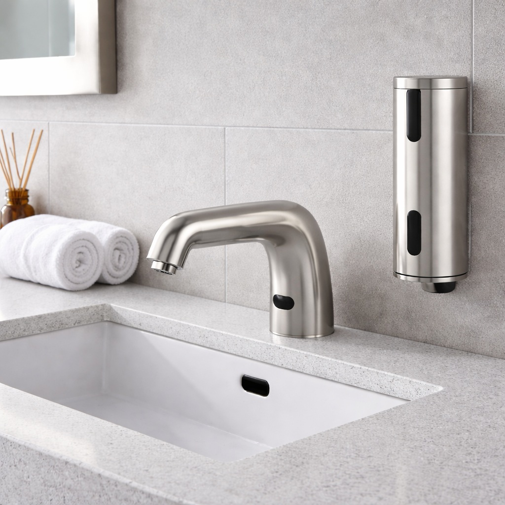 FS18128 touchless sensor faucet and soap dispenser set for coordinated public restroom stations